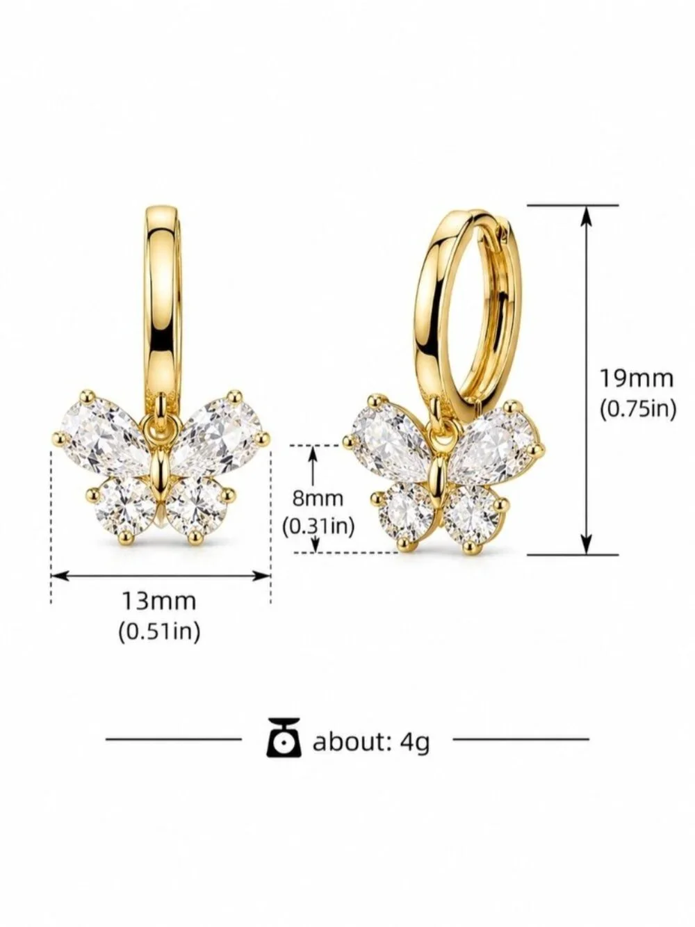 Gold Butterfly Hoop Earrings with Clear Crystals